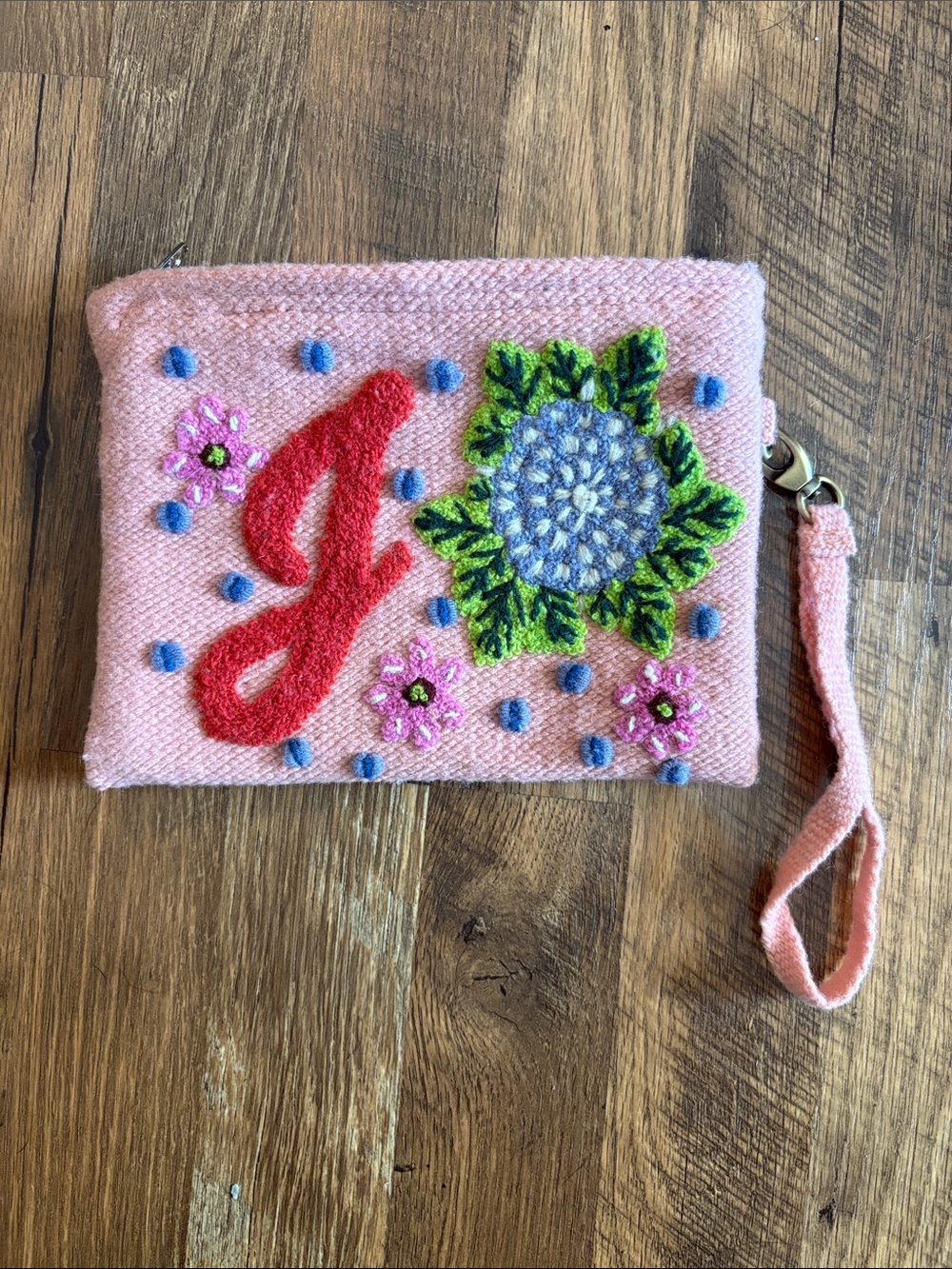 Embroidered Pink Floral Wristlet Clutch with Red Initial Accent